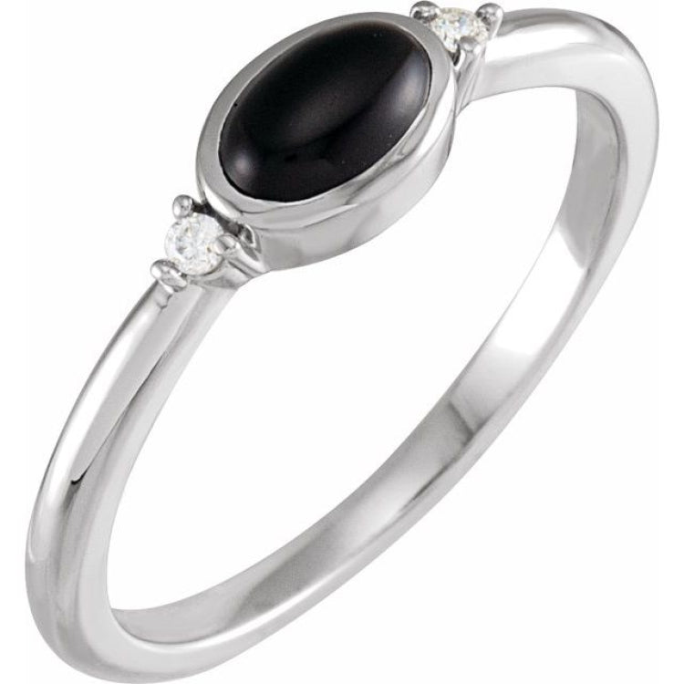 14K White Gold 5x3 mm Round Natural Black Onyx & .03 CTW Natural Diamond Ring