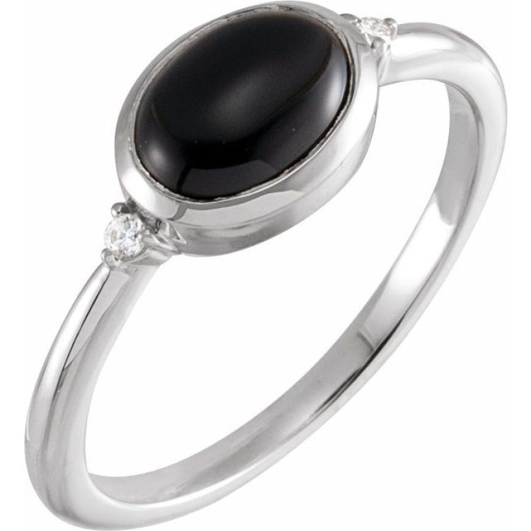 Sterling Silver 9x7 mm Round Natural Black Onyx & .03 CTW Natural Diamond Ring