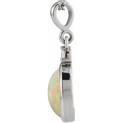 14K White Gold 9x7 mm Natural White Opal & .03 CT Natural Diamond Cabochon Pendant