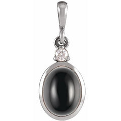 14K White Gold 9x7 mm Natural Black Onyx & .03 CT Natural Diamond Cabochon Pendant