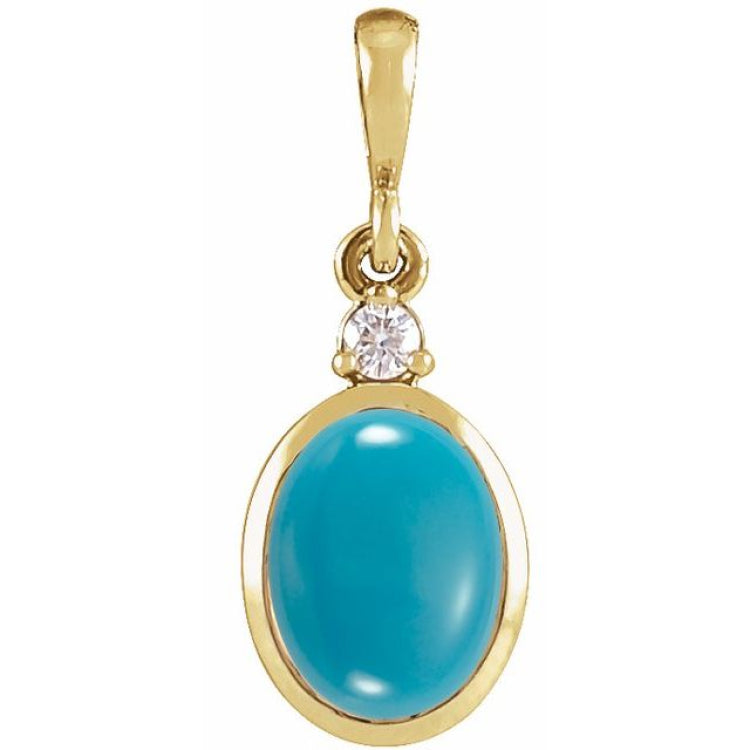 14K Yellow Gold 9x7 mm Natural Turquoise & .03 CT Natural Diamond Cabochon Pendant