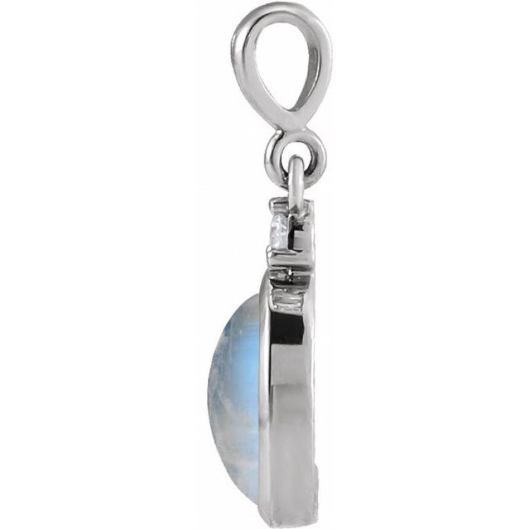 14K White Gold 5x3 mm Natural Rainbow Moonstone & .02 CT Natural Diamond Cabochon Pendant