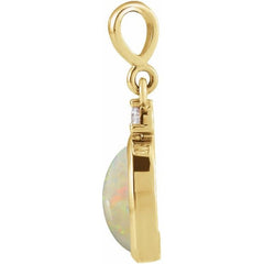 14K Yellow Gold 5x3 mm Natural White Opal & .02 CT Natural Diamond Cabochon Pendant