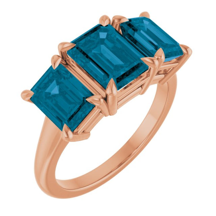 14K Rose Gold 8x6 mm Emerald Natural London Blue Topaz Three-Stone Ring