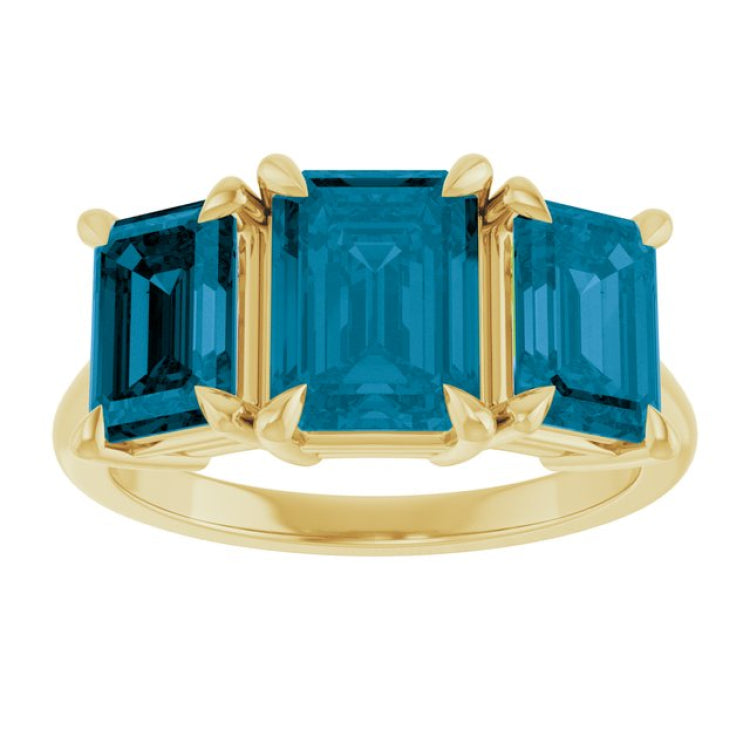 14K Yellow Gold 8x6 mm Emerald Natural London Blue Topaz Three-Stone Ring