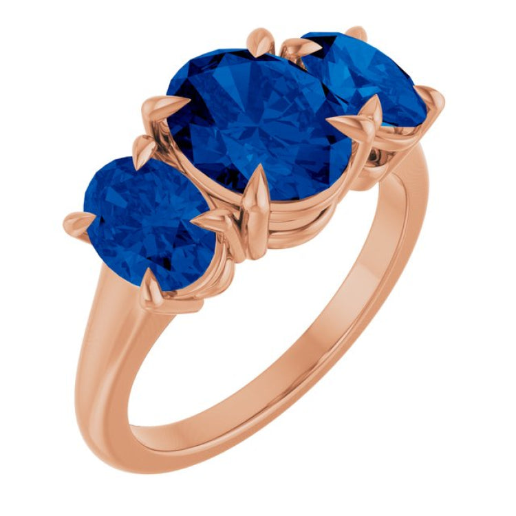 14K Rose Gold 9x7 mm Oval Lab-Grown Blue Sapphire Three-Stone Ring