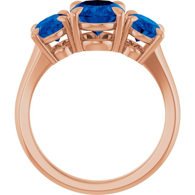 14K Rose Gold 9x7 mm Oval Lab-Grown Blue Sapphire Three-Stone Ring