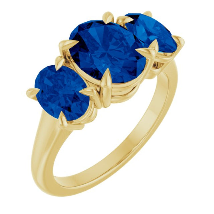 14K Yellow Gold 9x7 mm Oval Lab-Grown Blue Sapphire Three-Stone Ring