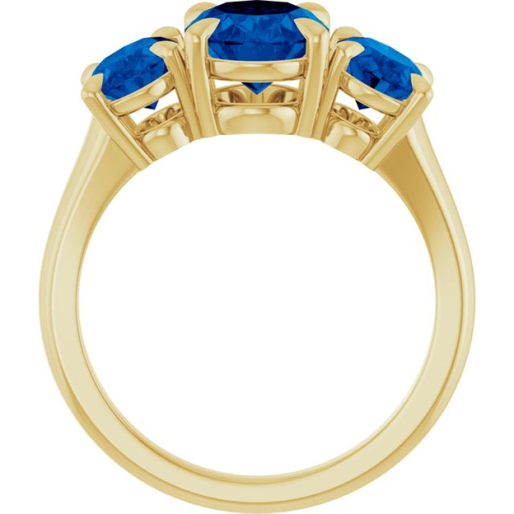 14K Yellow Gold 9x7 mm Oval Lab-Grown Blue Sapphire Three-Stone Ring