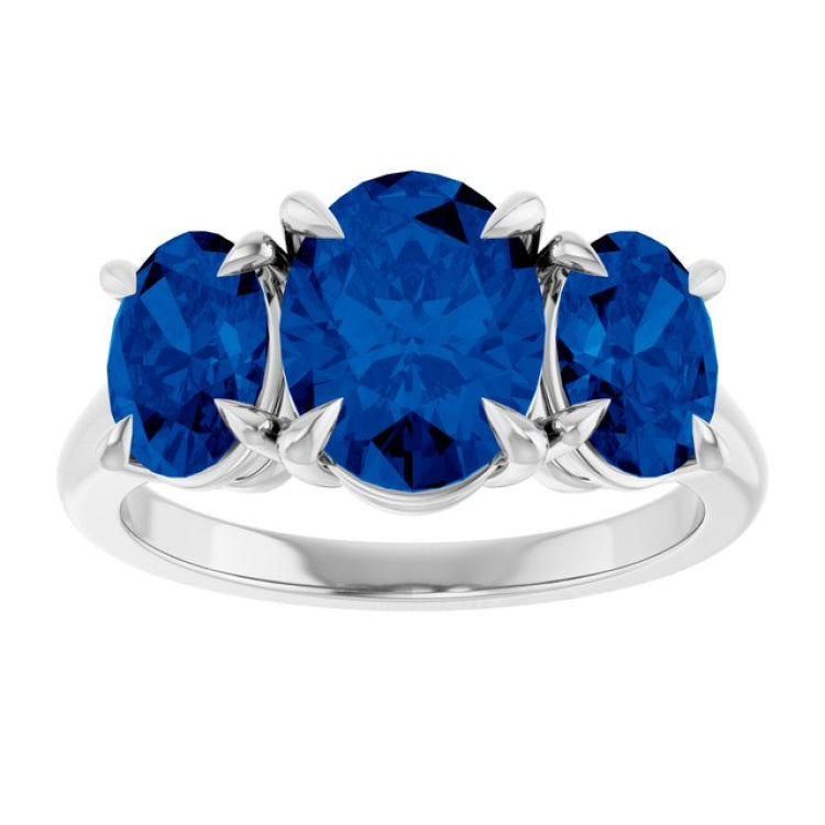 Sterling Silver 9x7 mm Oval Lab-Grown Blue Sapphire Three-Stone Ring