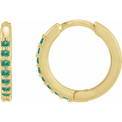 14K Yellow Gold Lab-Grown Emerald Hinged 12.5 mm Hoop Earrings