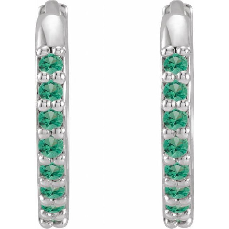 Sterling Silver Lab-Grown Emerald Hinged 12.5 mm Hoop Earrings