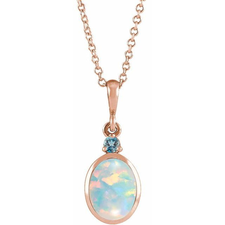 14K Rose Gold 8x6 mm Lab-Grown White Opal & Natural London Blue Topaz 16-18" Necklace