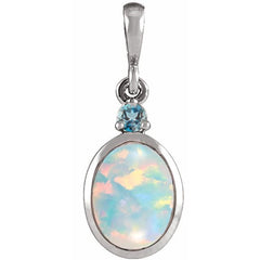 14K White Gold 5x3 mm Lab-Grown White Opal & Natural London Blue Topaz Pendant