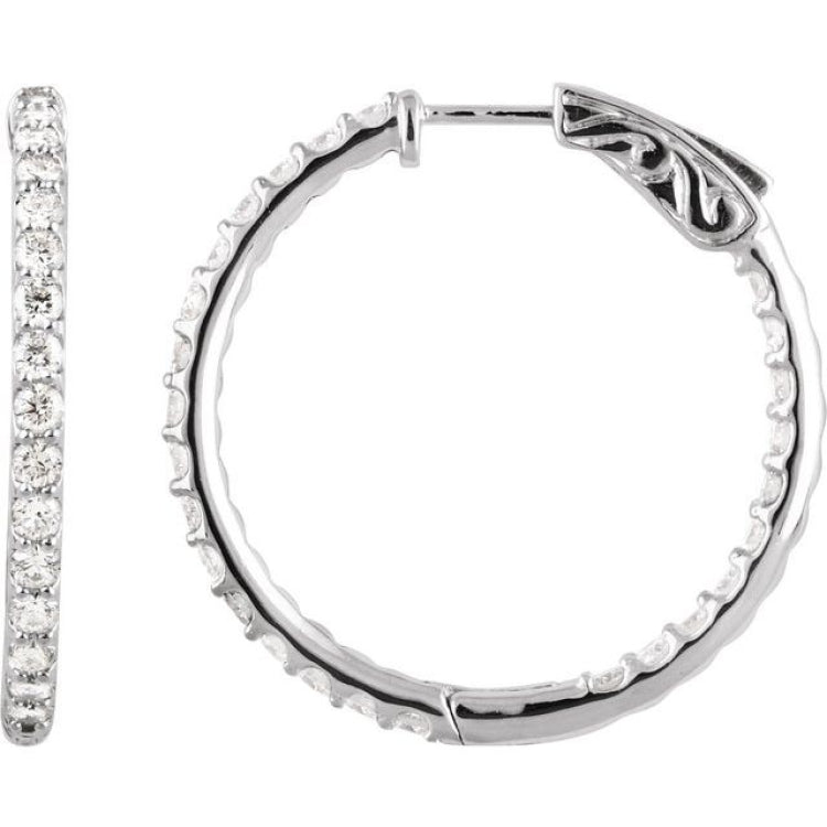 14K White Gold 2 CTW Lab Grown Diamond Inside Outside 29.5 mm Hinged Hoop Earrings