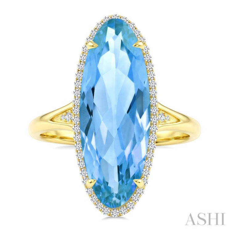 22X8 MM Evoque Gemstones Oval Shape Blue Topaz and 1/5 Ctw Round Cut Diamond Semi-Precious Ring in 14K Yellow Gold