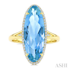 22X8 MM Evoque Gemstones Oval Shape Blue Topaz and 1/5 Ctw Round Cut Diamond Semi-Precious Ring in 14K Yellow Gold
