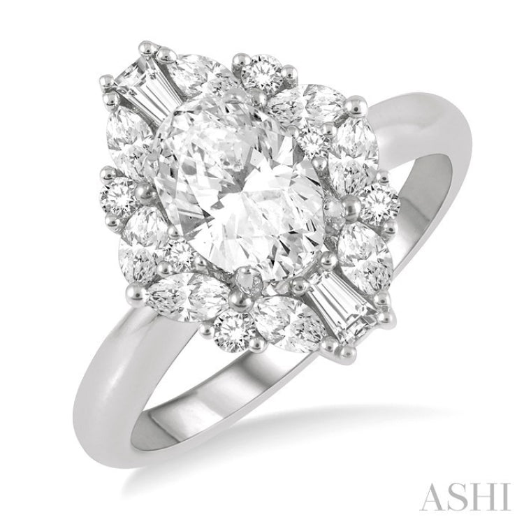 5/8 Ctw Oval Shape Oval, Baguette and Round Cut Diamond Semi-Mount Engagement Ring in 14K White Gold