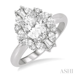 5/8 Ctw Oval Shape Oval, Baguette and Round Cut Diamond Semi-Mount Engagement Ring in 14K White Gold