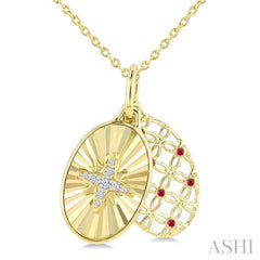 1 MM Round Cut Ruby and 1/20 Ctw Round Cut Diamond  Fluted Star Shaped Precious Pendant with Chain in 10K Yellow Gold
