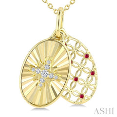 1 MM Round Cut Ruby and 1/20 Ctw Round Cut Diamond  Fluted Star Shaped Precious Pendant with Chain in 10K Yellow Gold