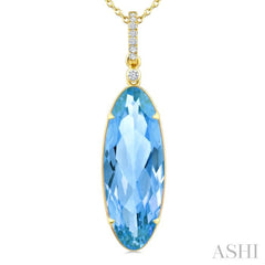 22X8 MM Evoque Gemstones Oval Shape Blue Topaz and 1/20 Ctw Round Cut Diamond Semi-Precious Pendant With Chain in 14K Yellow Gold