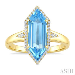 16X6 MM Evoque Gemstones Hexagon Shape Blue Topaz and 1/5 Ctw Round Cut Diamond Semi-Precious Ring in 10K Yellow Gold