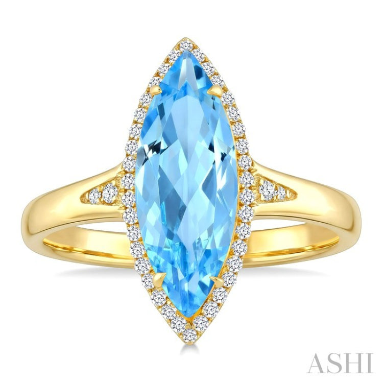 16X7 MM Evoque Gemstones Marquise Shape Blue Topaz and 1/6 Ctw Round Cut Diamond Semi-Precious Ring in 10K Yellow Gold