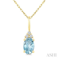 1/50 Ctw Oval Cut 6X4 MM Aquamarine and Round Cut Diamond semi-precious Pendant With Chain in 10K Yellow Gold