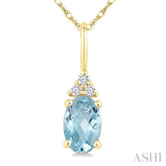 1/50 Ctw Oval Cut 6X4 MM Aquamarine and Round Cut Diamond semi-precious Pendant With Chain in 10K Yellow Gold