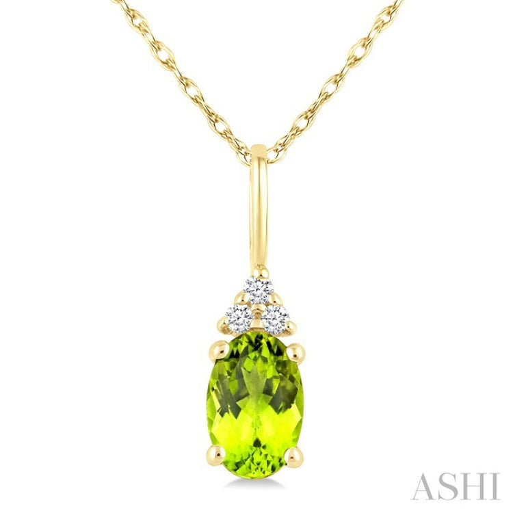 1/50 Ctw Oval Cut 6X4 MM Peridot and Round Cut Diamond Semi-Precious Pendant With Chain in 10K Yellow Gold