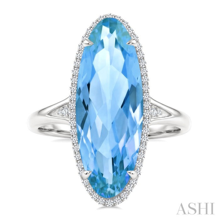 22X8 MM Evoque Gemstones Oval Shape Blue Topaz and 1/5 Ctw Round Cut Diamond Semi-Precious Ring in 14K White Gold