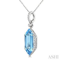16X6 MM Evoque Gemstones Hexagon Shape Blue Topaz and 1/10 Ctw Round Cut Diamond Semi-Precious Pendant With Chain in 10K White Gold