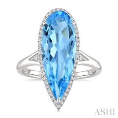 22X8 MM Evoque Gemstones Pear Shape Blue Topaz and 1/5 Ctw Round Cut Diamond Semi-Precious Ring in 14K White Gold