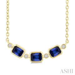 4X3MM Emerald Cut Sapphire and 1/50 Ctw Bezel Set Round Cut Diamond Precious Fashion Necklace in 10K Yellow Gold