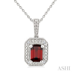 7X5 MM Octagon Shape Garnet and 1/50 Ctw Round Cut Diamond Semi-Precious Pendant With Chain in Sterling Silver