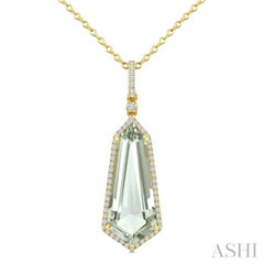 22X9 MM Evoque Gemstone Shield Shape Green Amethyst and 1/4 Ctw Round Cut Diamond Semi-Precious Pendant With Chain in 14K Yellow Gold