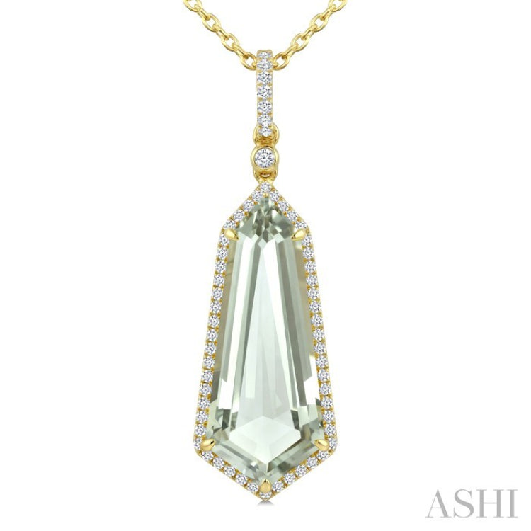 22X9 MM Evoque Gemstone Shield Shape Green Amethyst and 1/4 Ctw Round Cut Diamond Semi-Precious Pendant With Chain in 14K Yellow Gold