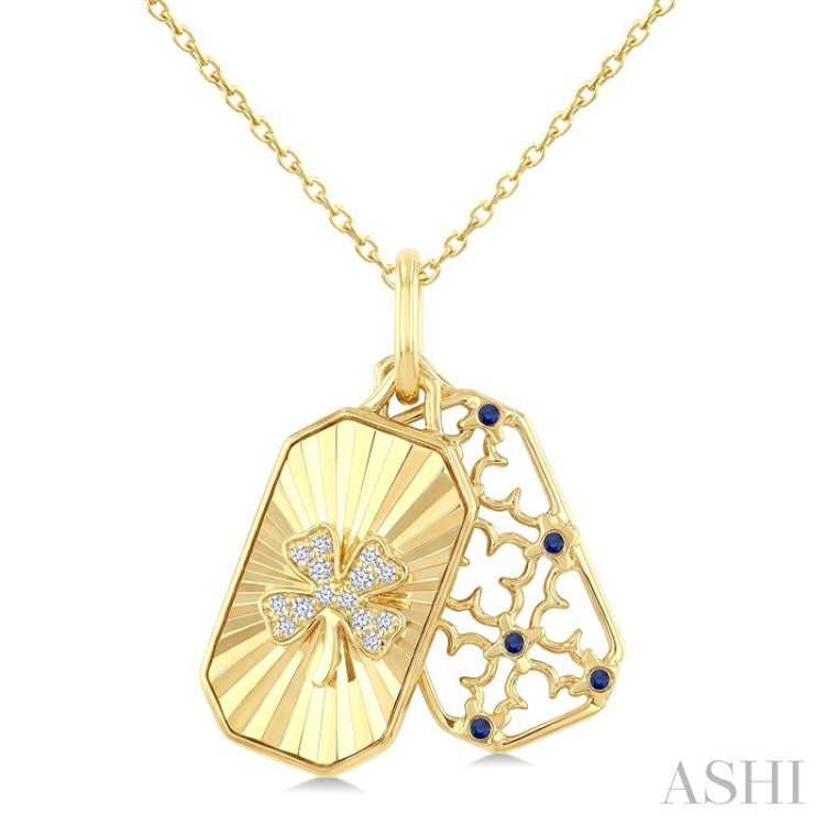 1 MM Round Sapphire and 1/20 Ctw Fluted Texture & Clover Round Cut Diamond  Precious Pendant With Chain in 10K Yellow Gold