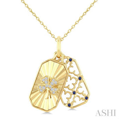 1 MM Round Sapphire and 1/20 Ctw Fluted Texture & Clover Round Cut Diamond  Precious Pendant With Chain in 10K Yellow Gold