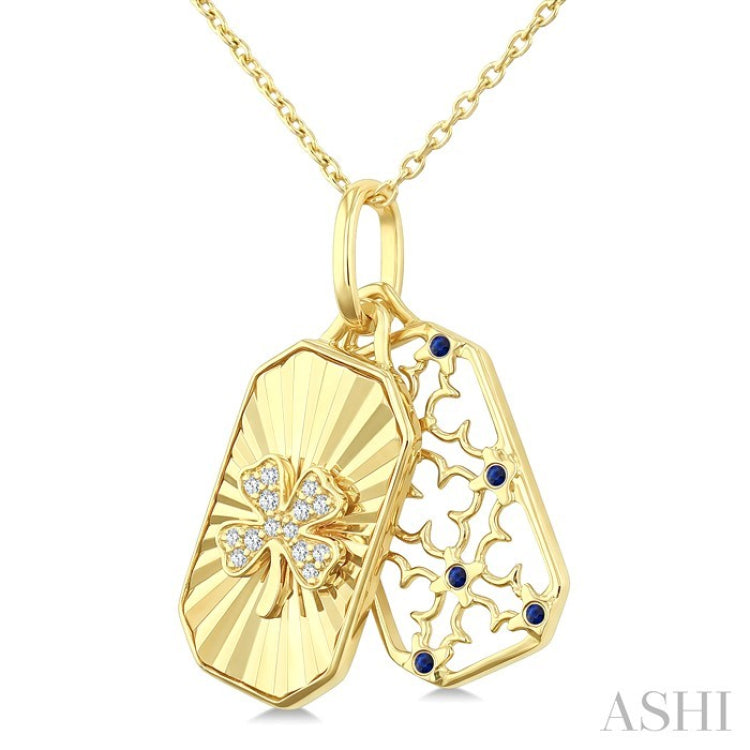1 MM Round Sapphire and 1/20 Ctw Fluted Texture & Clover Round Cut Diamond  Precious Pendant With Chain in 10K Yellow Gold