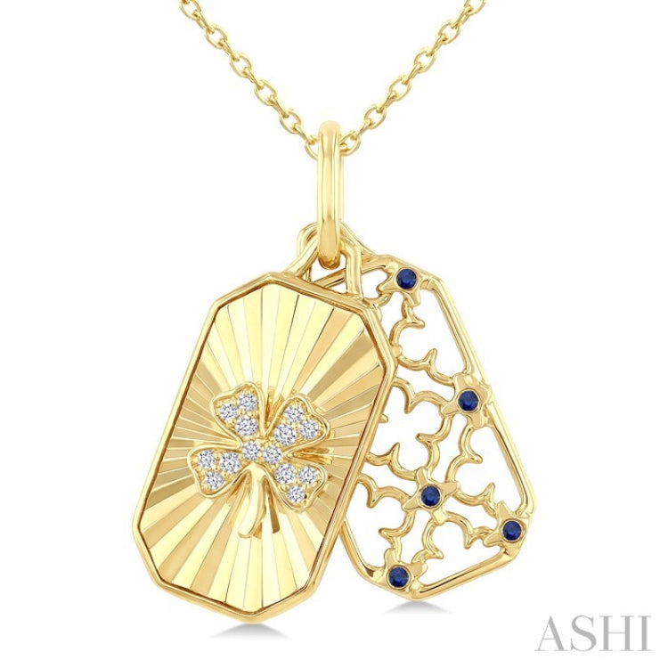 1 MM Round Sapphire and 1/20 Ctw Fluted Texture & Clover Round Cut Diamond  Precious Pendant With Chain in 10K Yellow Gold
