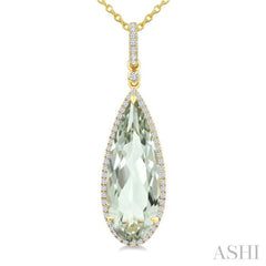 22X8 MM Evoque Gemstone Pear Shape Green Amethyst and 1/4 Ctw Round Cut Diamond Semi-Precious Pendant With Chain in 14K Yellow Gold