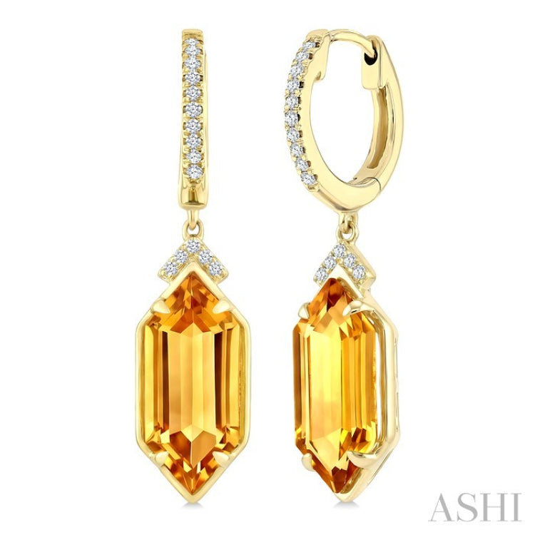 14X6 MM Evoque Gemstones Hexagon Shape Citrine and 1/6 Ctw Round Cut Diamond Semi-Precious Earrings in 14K Yellow Gold
