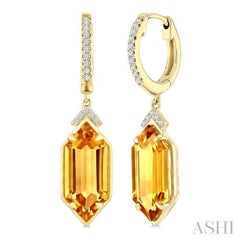 14X6 MM Evoque Gemstones Hexagon Shape Citrine and 1/6 Ctw Round Cut Diamond Semi-Precious Earrings in 14K Yellow Gold