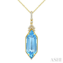 22X8 MM Evoque Gemstones Hexagon Shape Blue Topaz and 1/10 Ctw Round Cut Diamond Semi-Precious Pendant With Chain in 14K Yellow Gold
