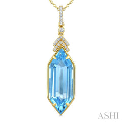 22X8 MM Evoque Gemstones Hexagon Shape Blue Topaz and 1/10 Ctw Round Cut Diamond Semi-Precious Pendant With Chain in 14K Yellow Gold