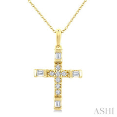 1/20 Ctw Baguette and Round Cut Diamond Cross Shape Fashion Pendant With Chain in 10K Yellow Gold