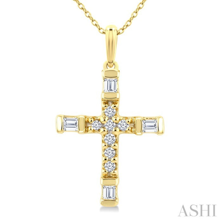 1/20 Ctw Baguette and Round Cut Diamond Cross Shape Fashion Pendant With Chain in 10K Yellow Gold