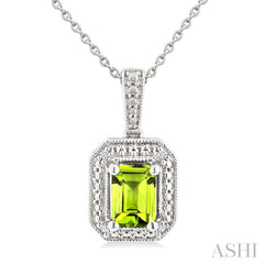 7X5 MM Octagon Shape Peridot and 1/50 Ctw Round Cut Diamond Semi-Precious Pendant With Chain in Sterling Silver